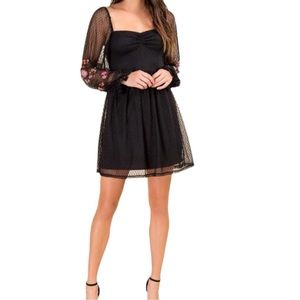 Mi Ami👗Black Long Sleeve Lace Embroidered A-Line Mesh Dress Size L